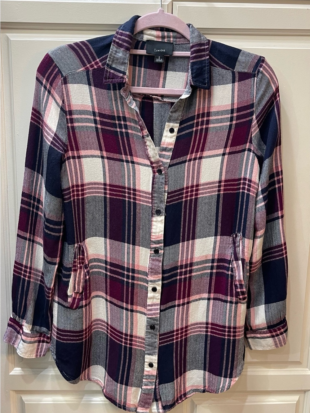 Lumière Plaid Button Down Tunic Shirt Pink Burgundy Size S